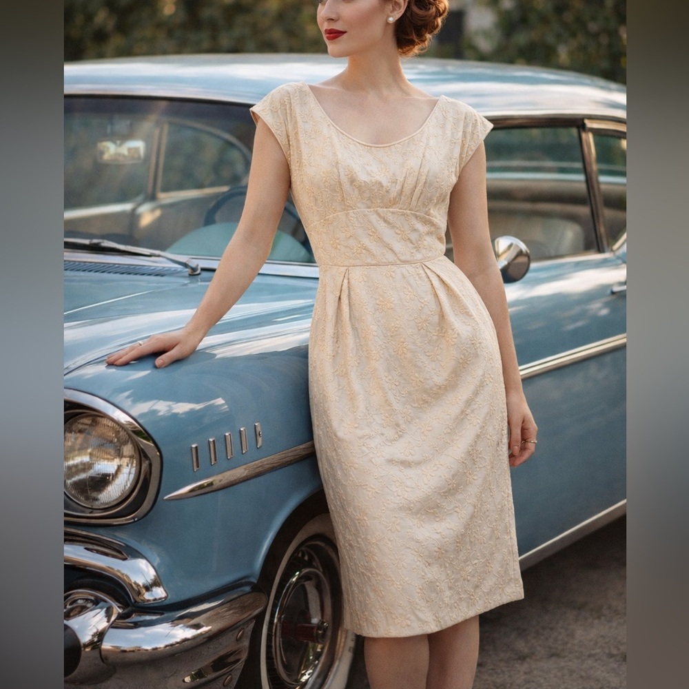 Vintage 50s DON LOPER Eyelet Embroidered Cocktail Dress Medium 36" Bust Tagged